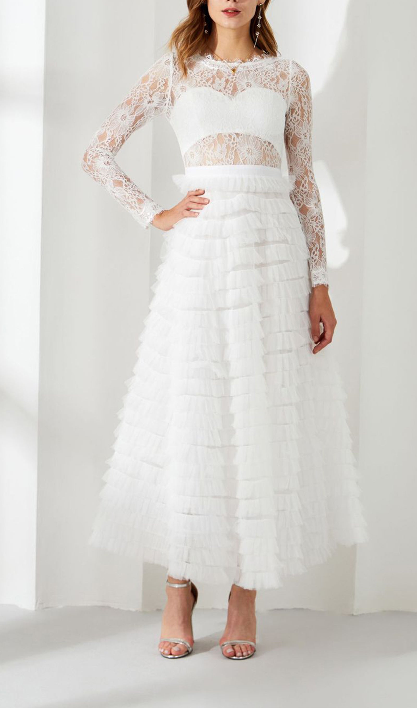 Long Sleeve Lace Mesh Midi Layered Dress