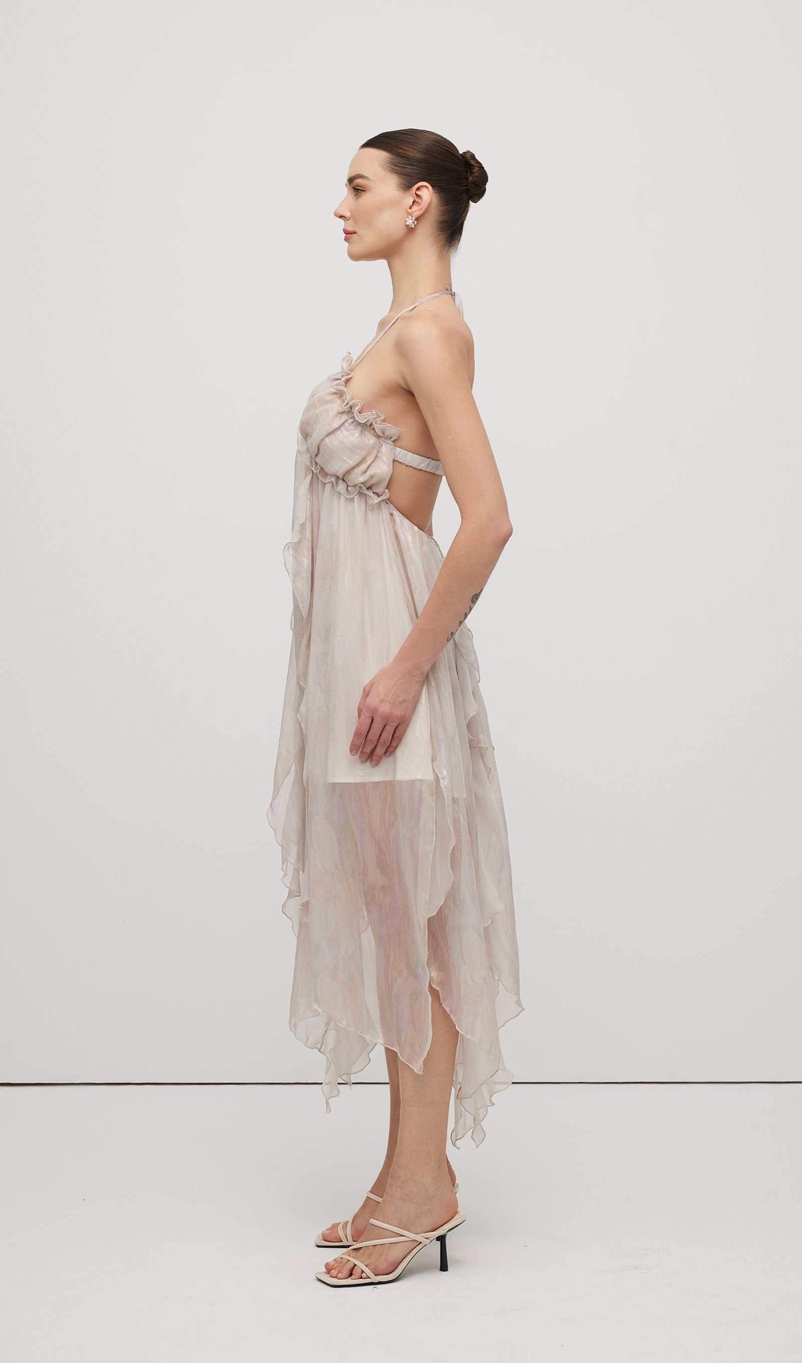 Halter Tulle Pleated Midi Dress In Pink