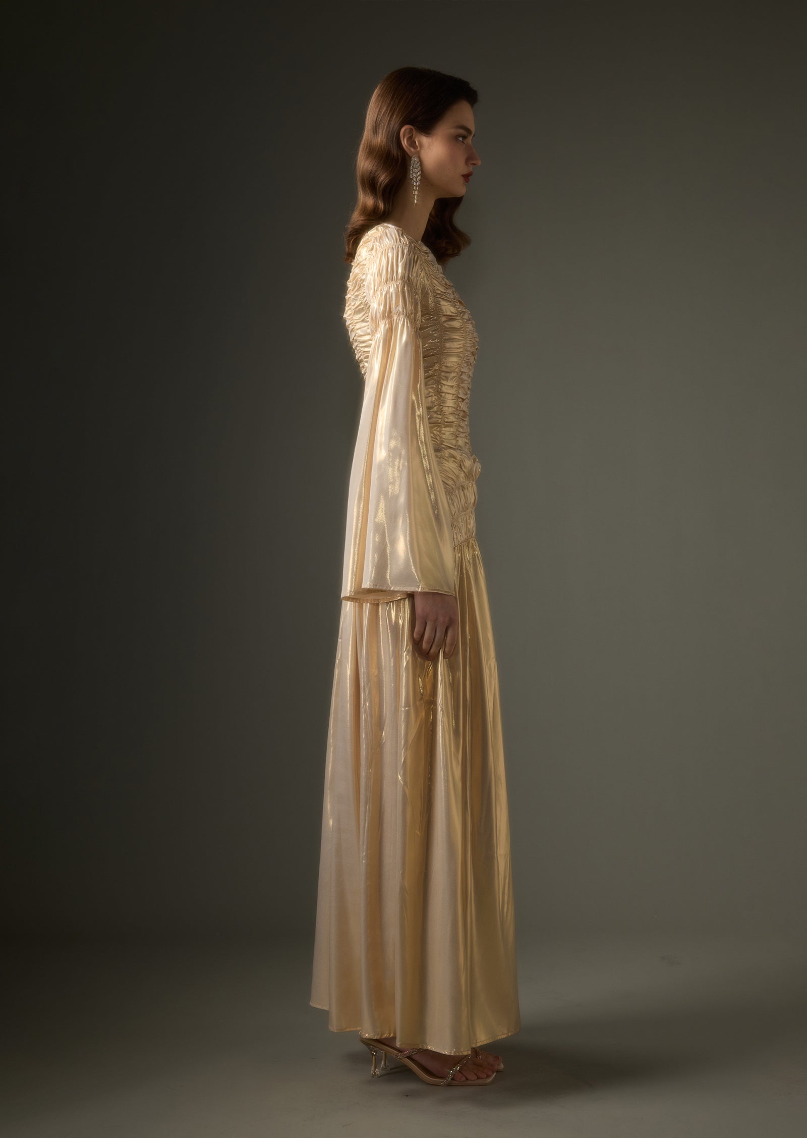 Solid Metallic Elasticated Gathers Maxi Dress
