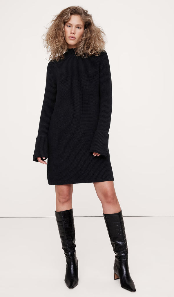 Solid Cotton-Wool Mini Sweater Dress-Black