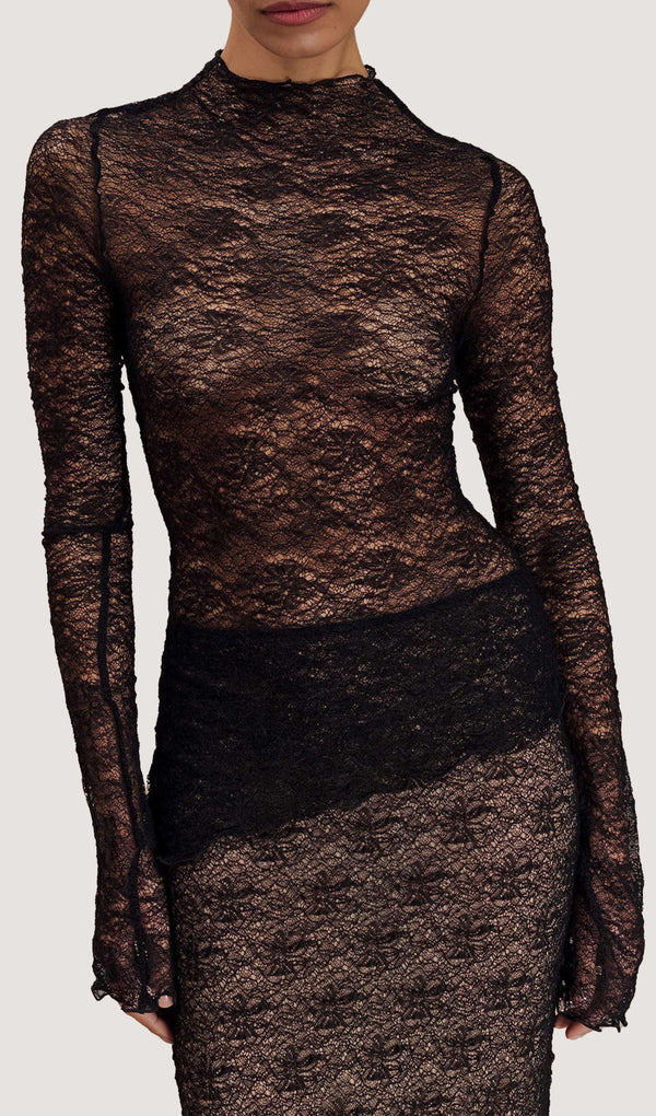 Sheer Lace Long Sleeve Top - Black