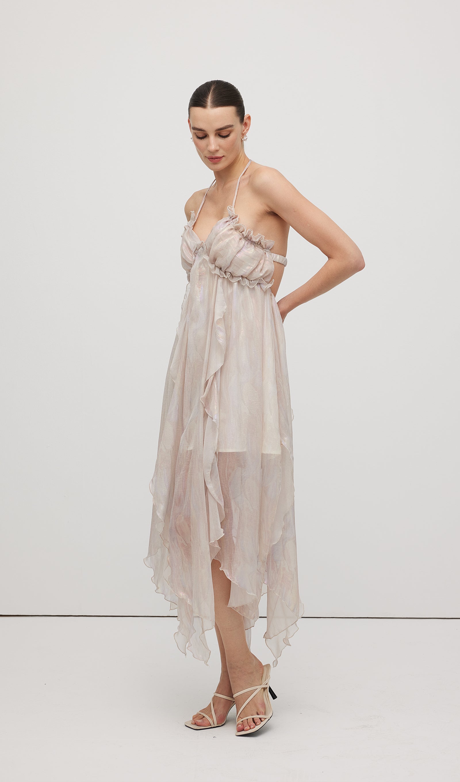 Halter Tulle Pleated Midi Dress In Pink