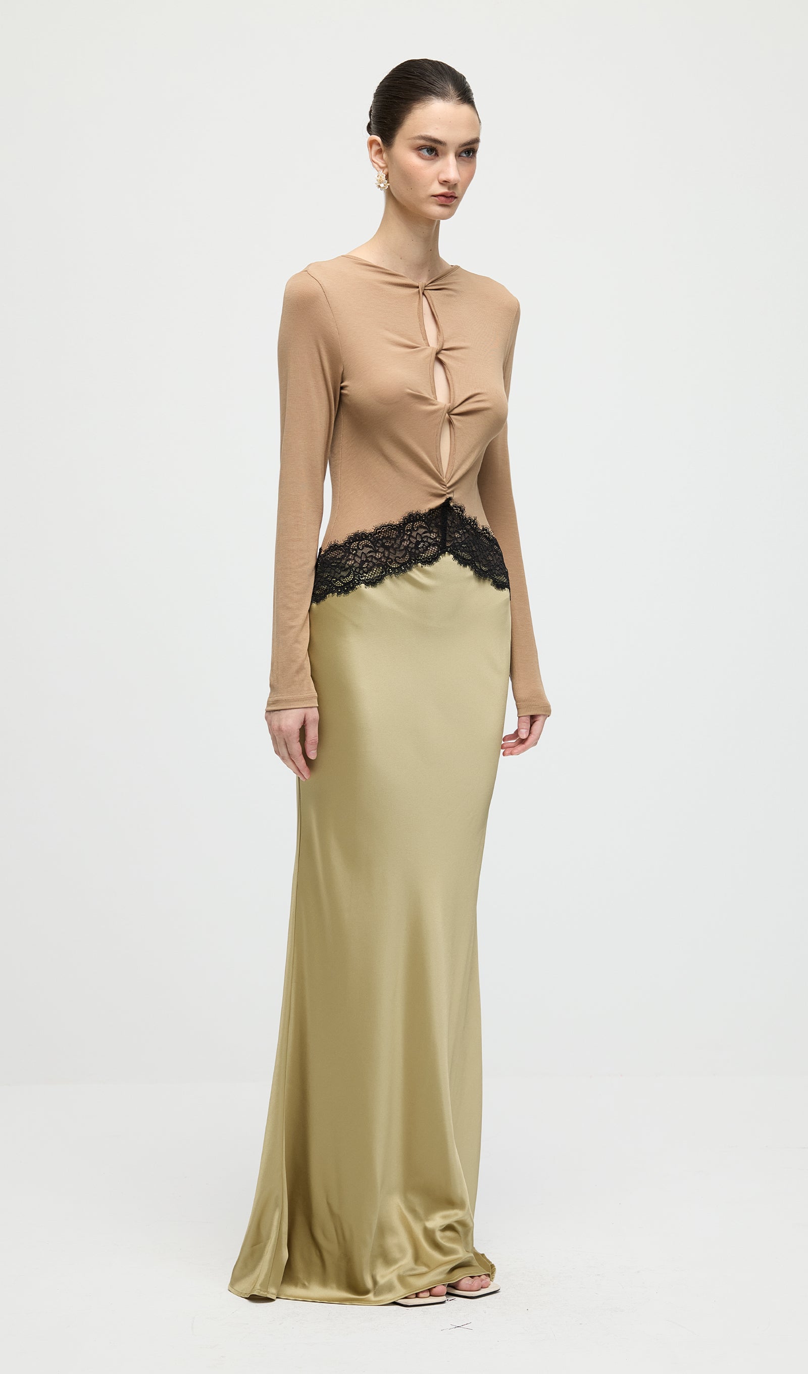 Open Twist Lace Maxi Dress In Eucalypt Black