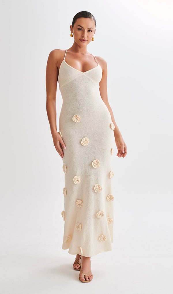 Knit Maxi Dress With Flowers-Off White