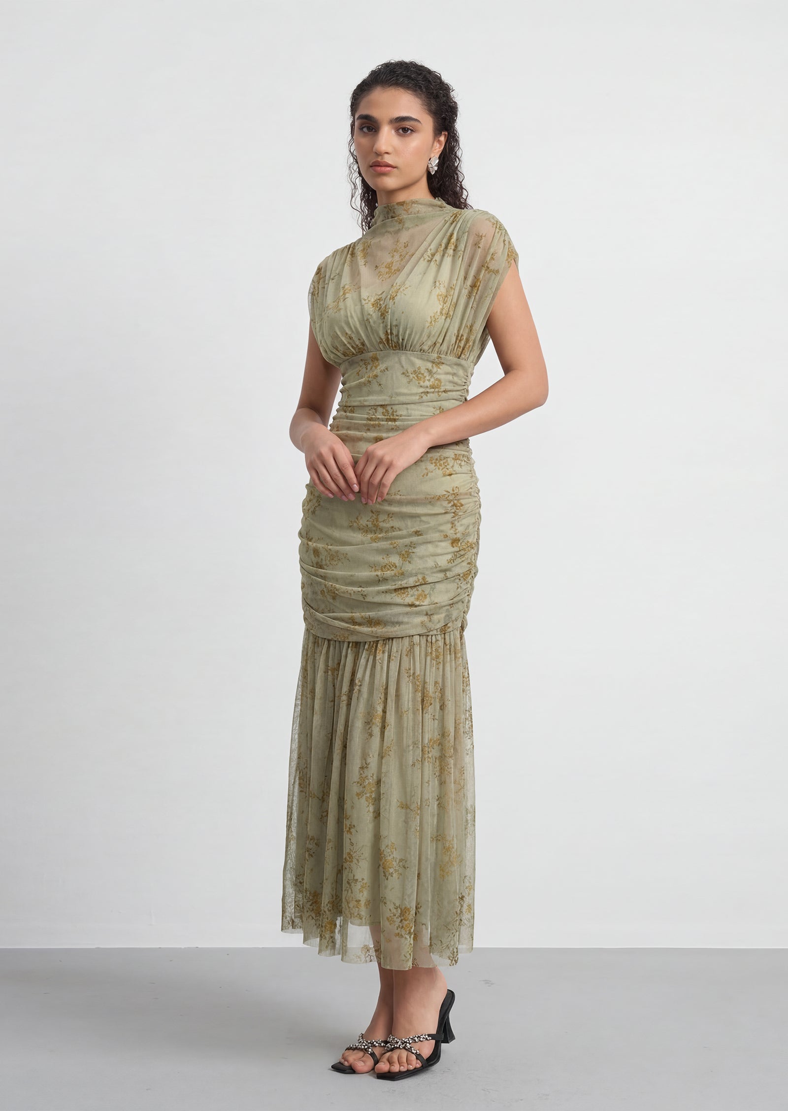 Midikleid in A-Linie mit Blumenmuster und Laternenärmeln