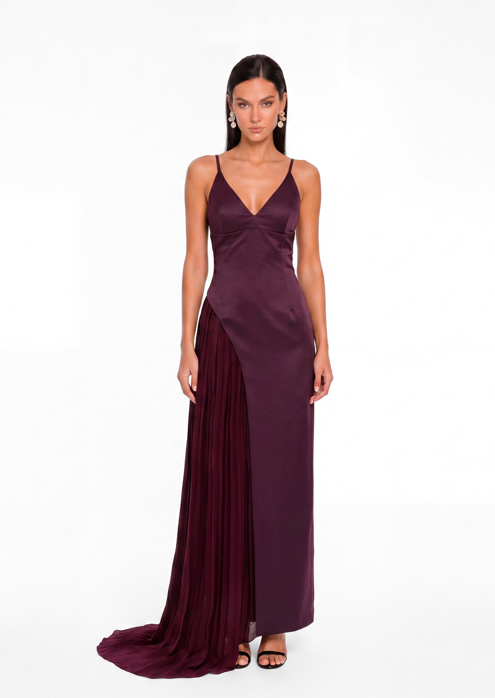 Caius V Neck Pleated Maxi Dress In Plum