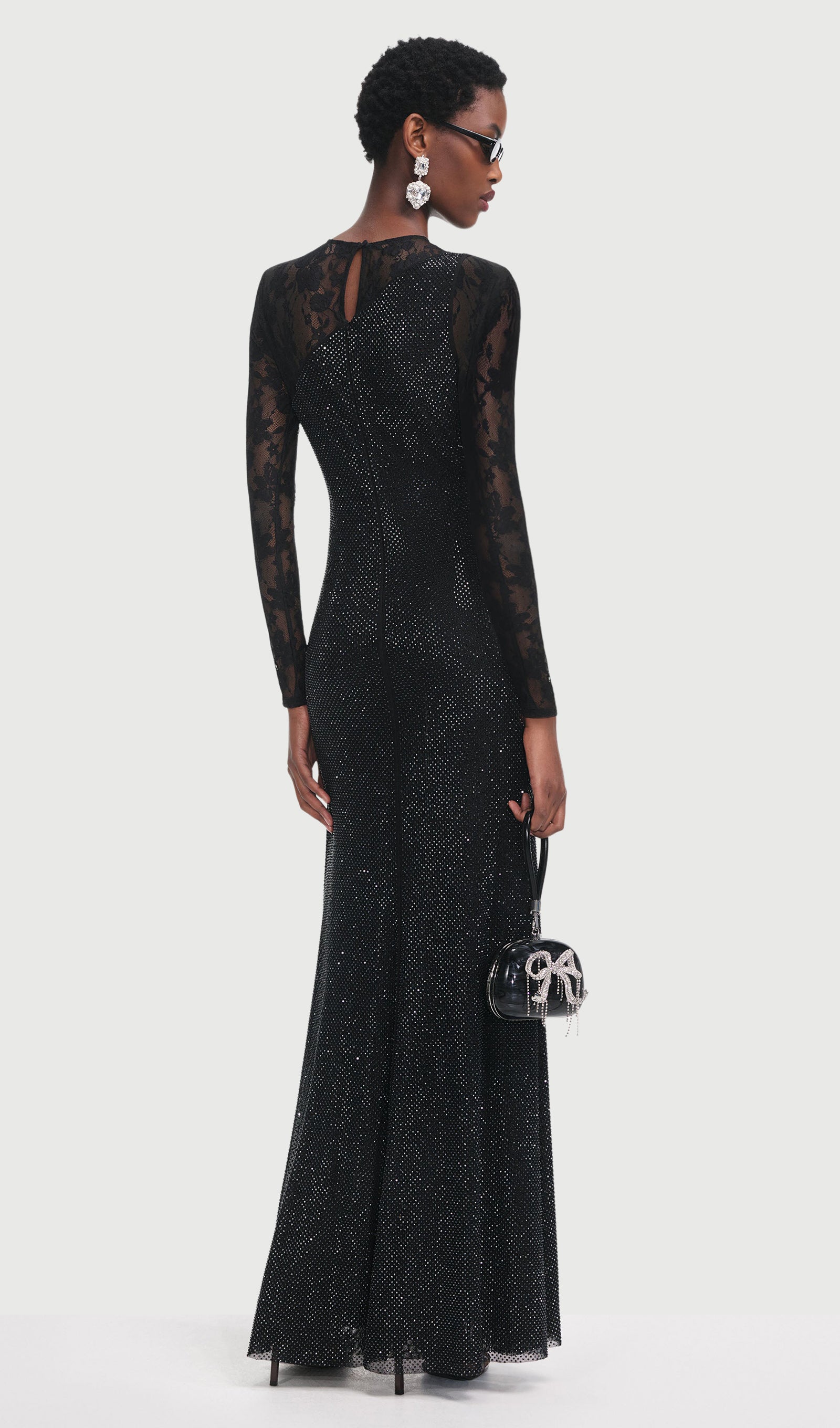 Rhinestone Lace Sleeves Maxi Dress In Black
