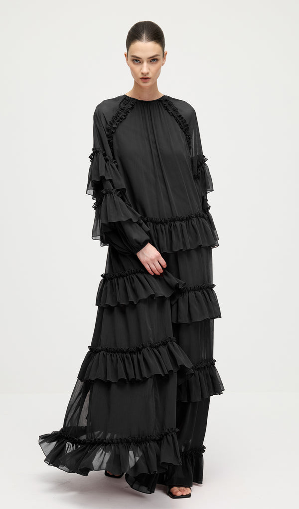 Ruffle Tiered Puff Sleeve Maxi Dress In Black