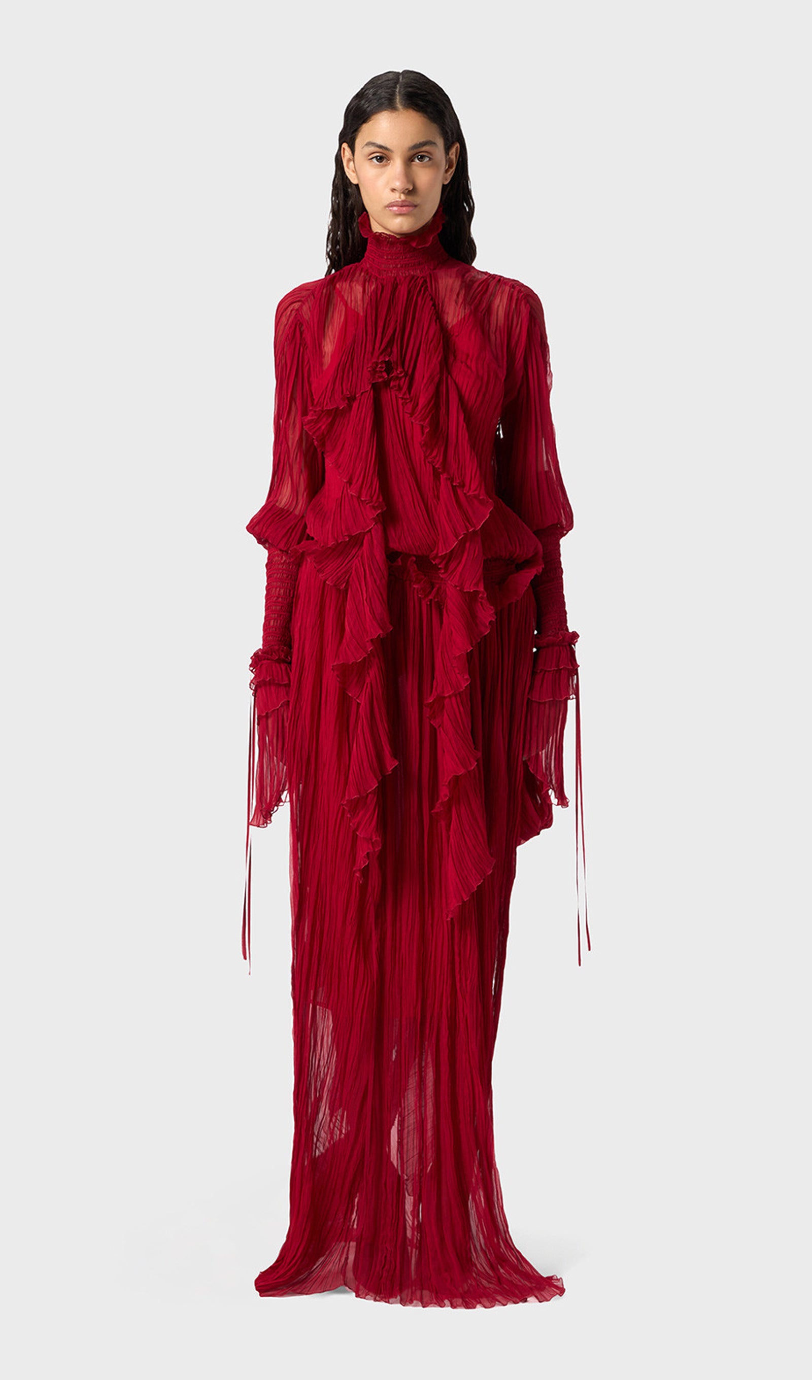 Pleated Silk-Chiffon Slit Maxi Dress In Red – Queena Wish