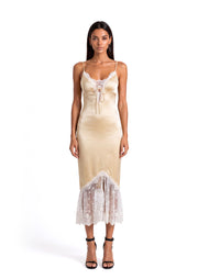 Kahlilia V Neck Satin Lace Midi Dress In Yellow