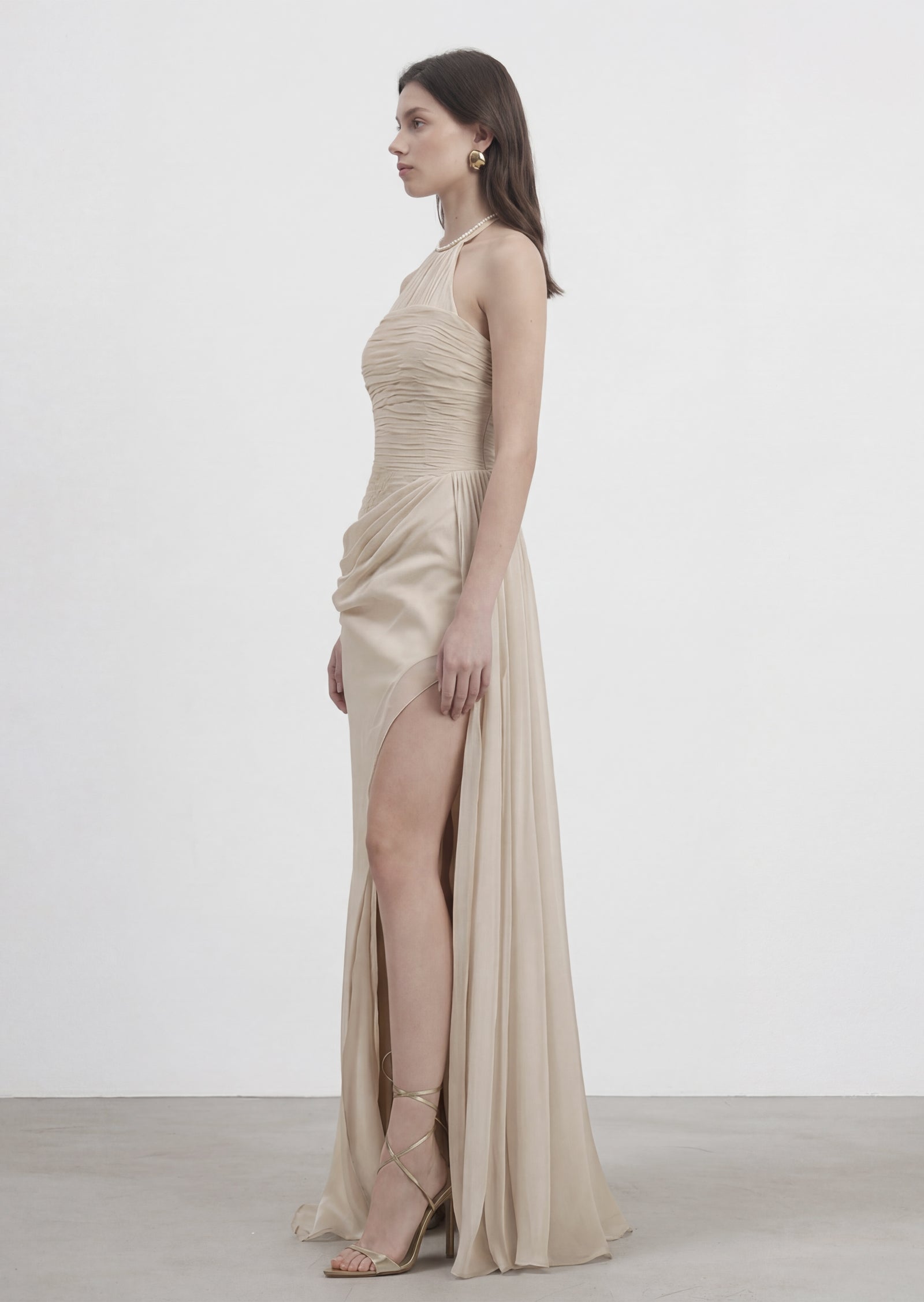 Halter Neck Asymmetrical Ruching Maxi Dress