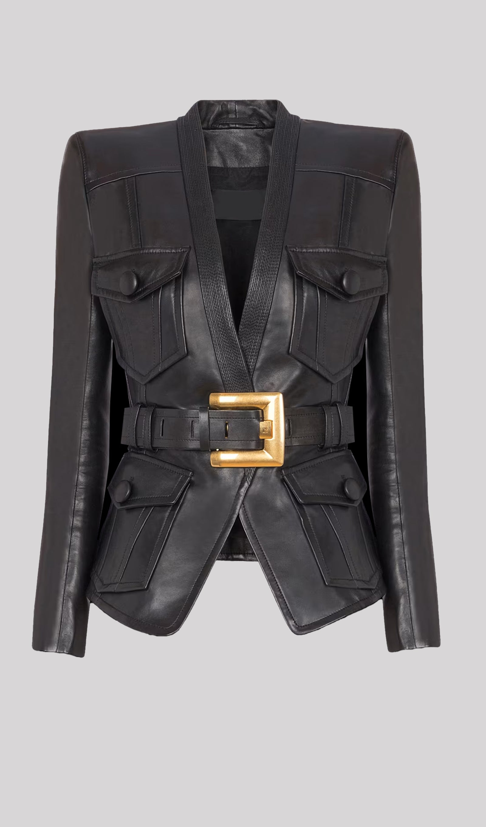 Button Belted Leather Jacket In Black