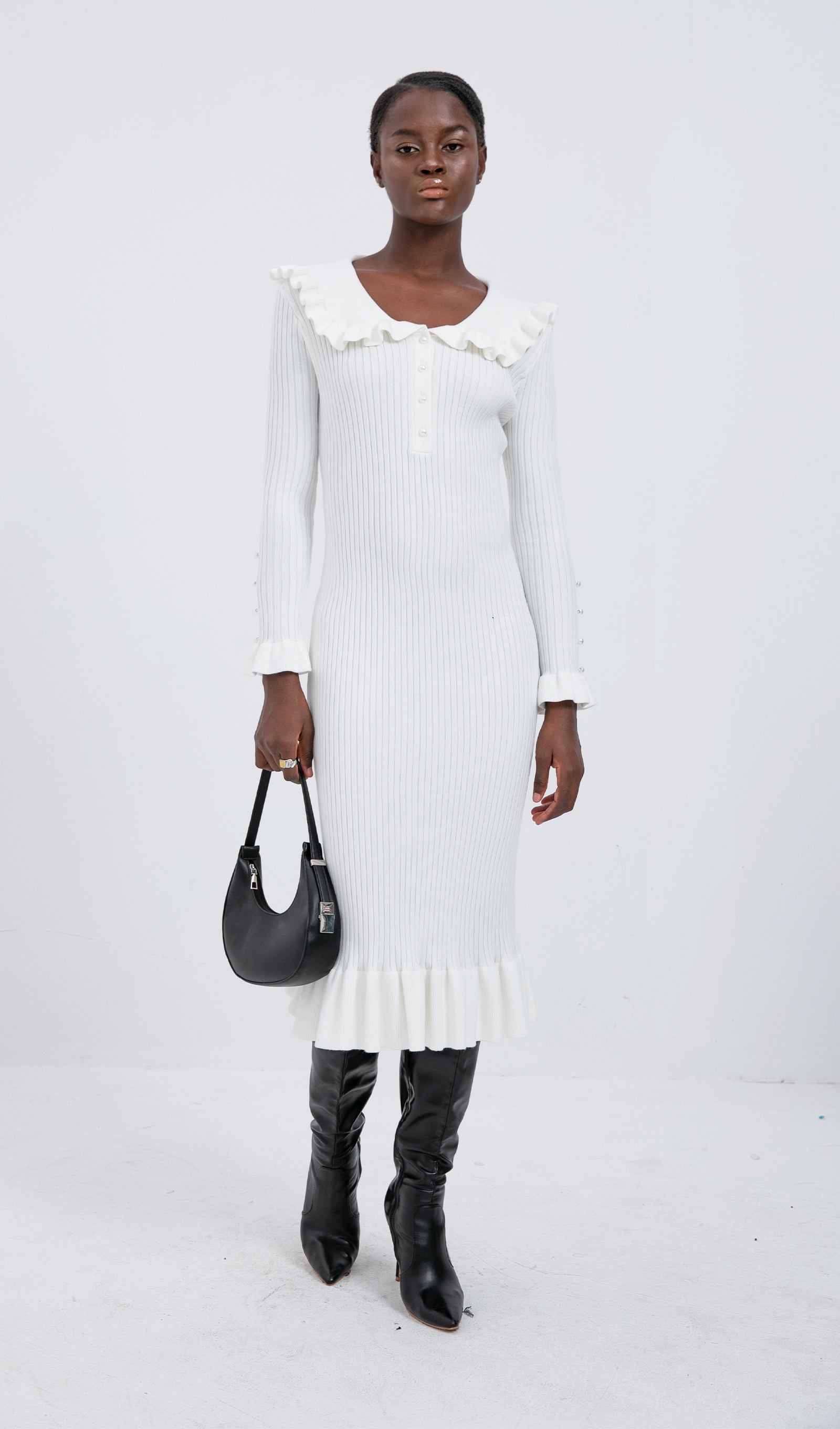 فستان ميدي عصري محبوك بكشكشة - أبيض 