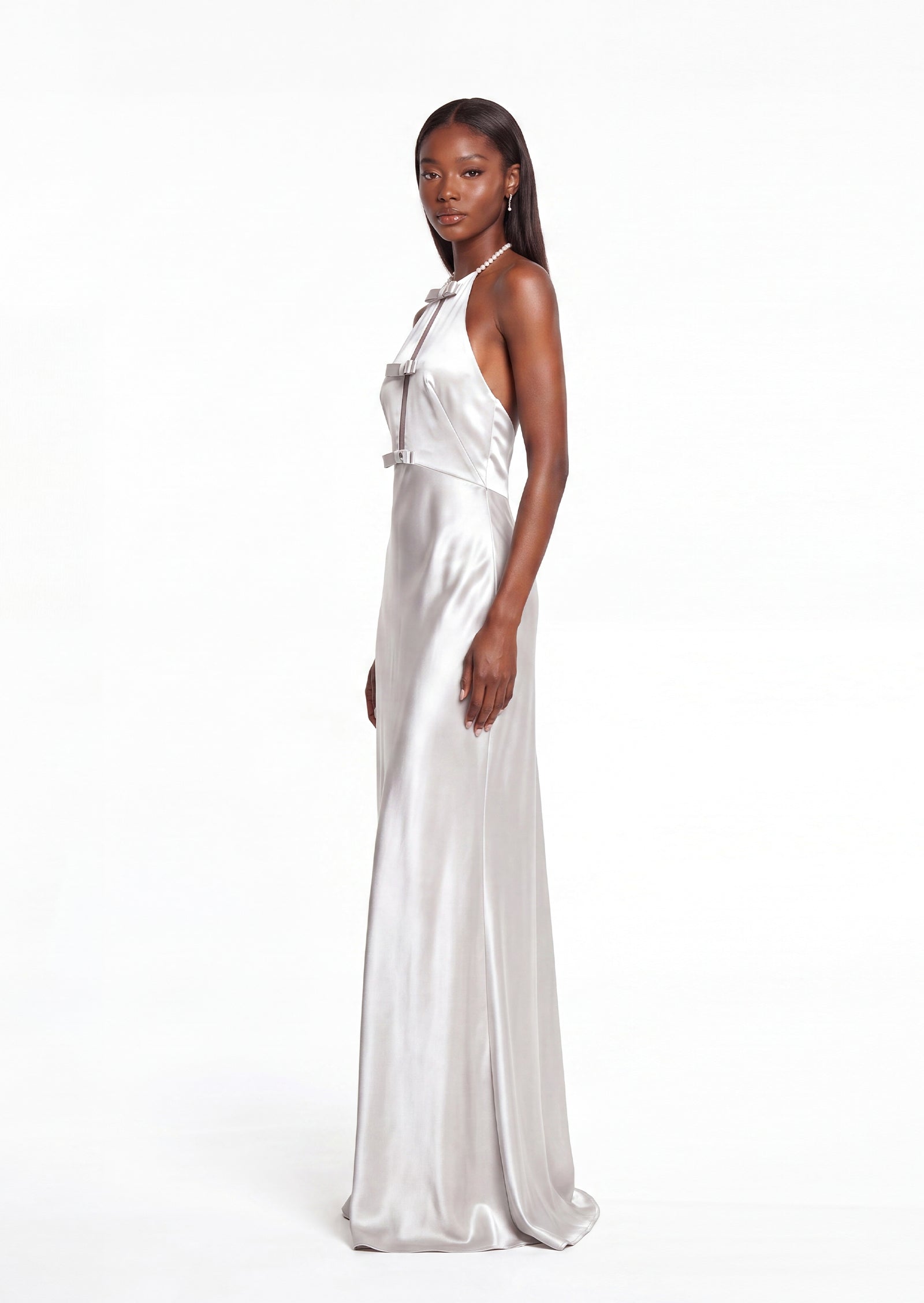 Pallavi Halterneck Satin Maxi Dress In White
