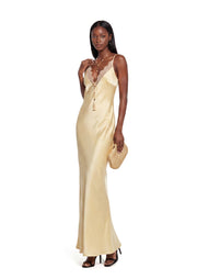 Vagn Deep V Neck Satin Maxi Dress With Lace