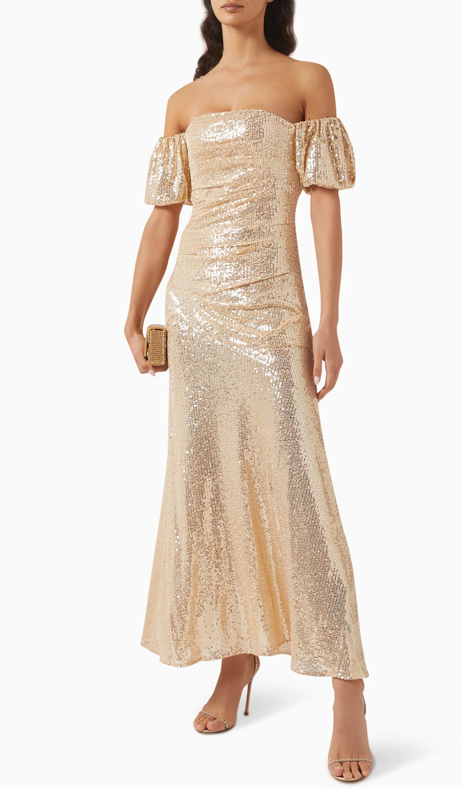 Off Shoulder Stretch Sequin Maxi Dress In Gold