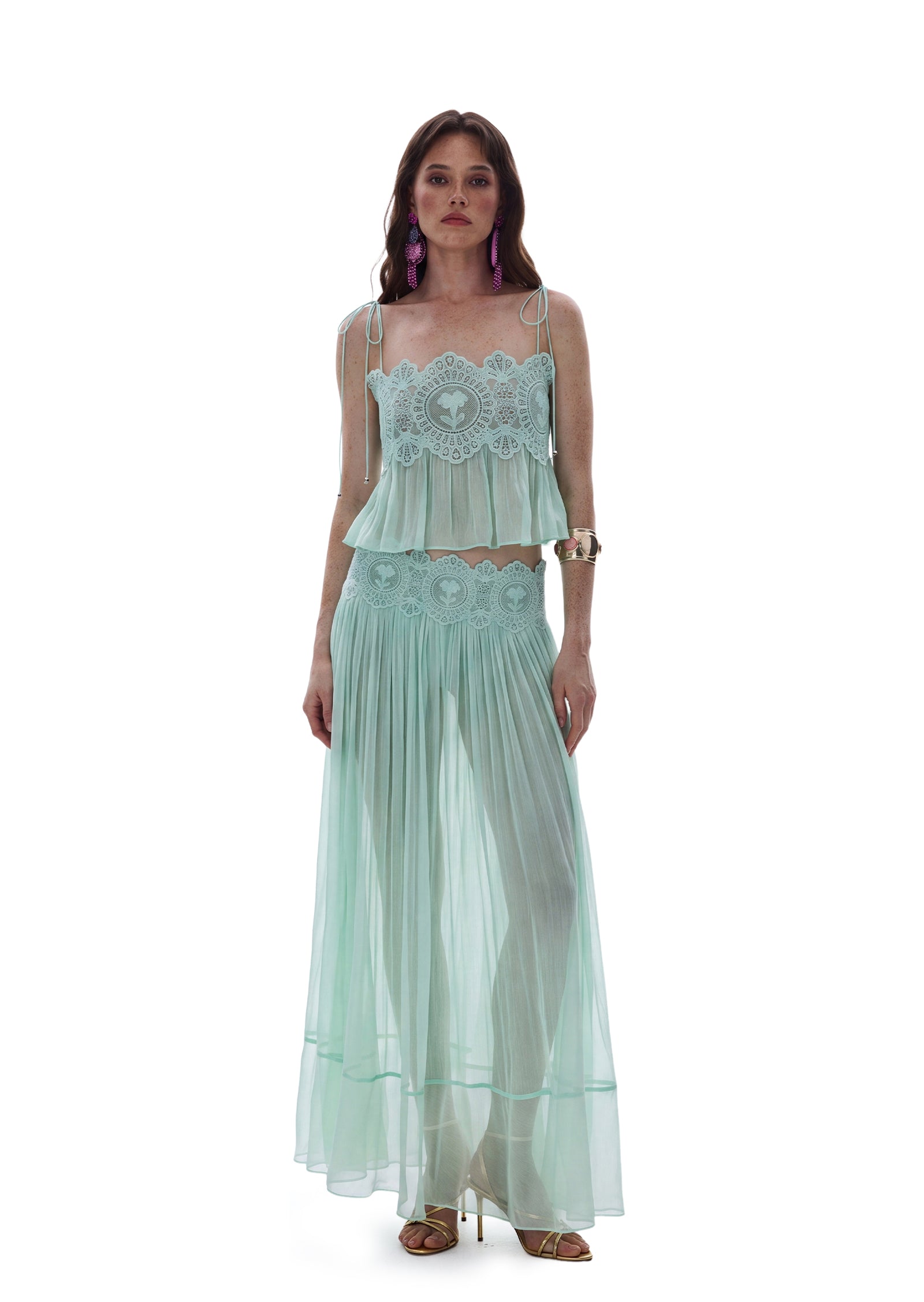 Saber Embroidered Top And Chiffon Skirt Set