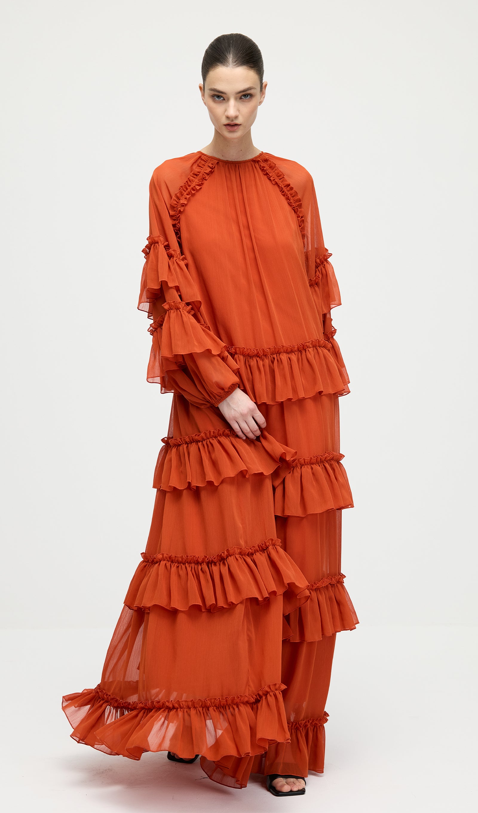 Midikleid in A-Linie mit Blumenmuster und Laternenärmeln