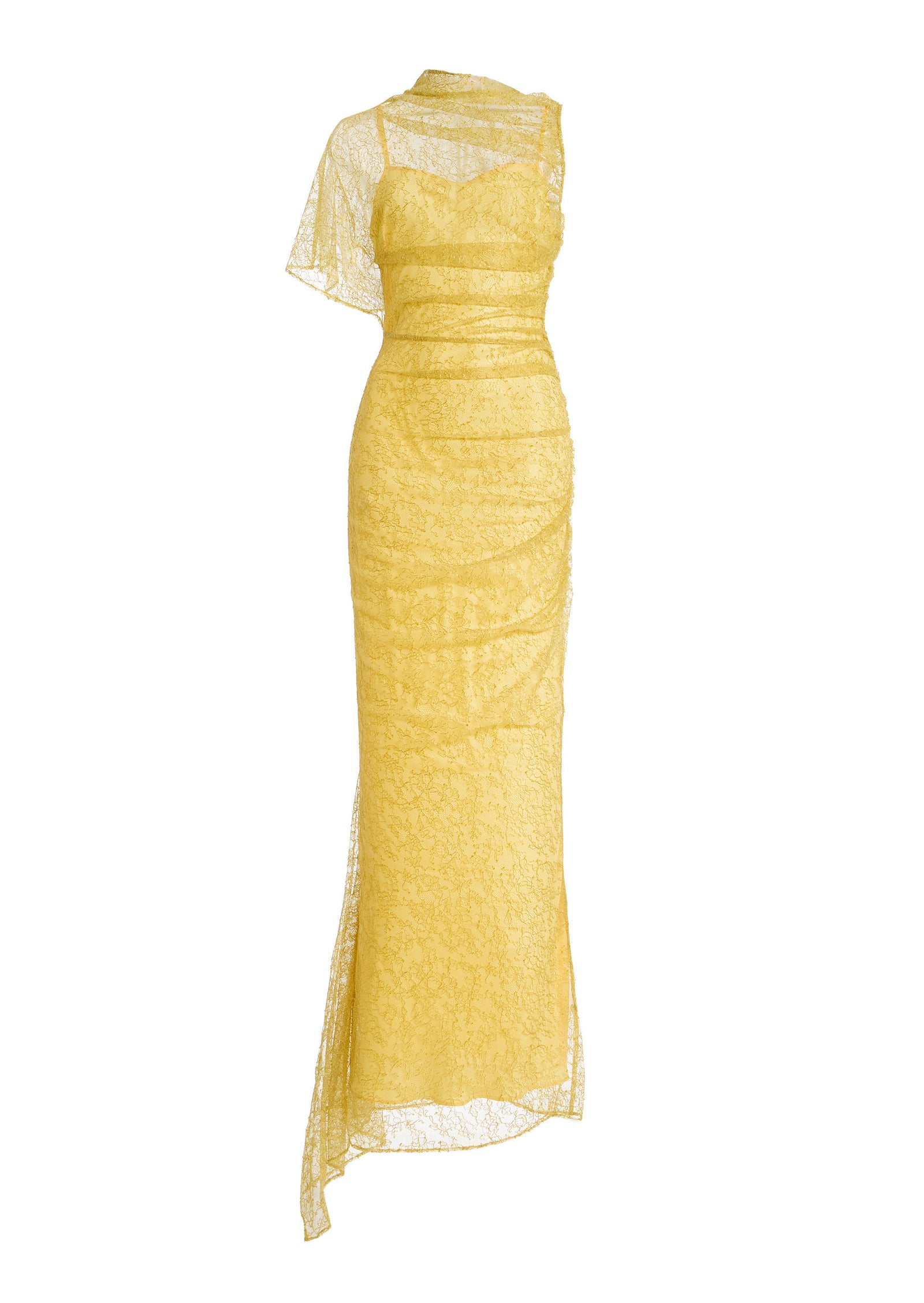 Kabecka One Sleeve Lace Midi Sress In Yellow