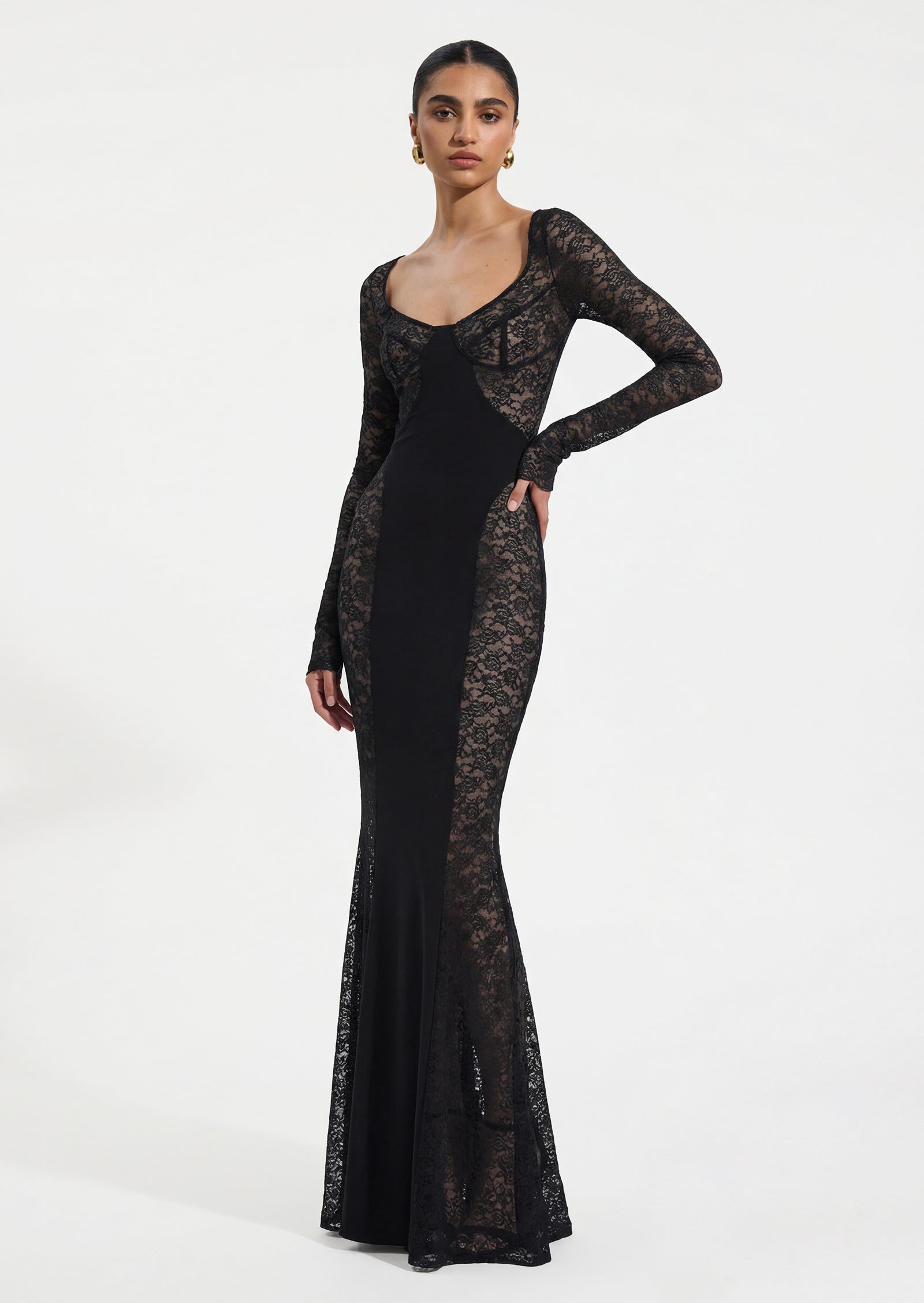 Long Sleeve Lace Panelled Maxi Dress In Black