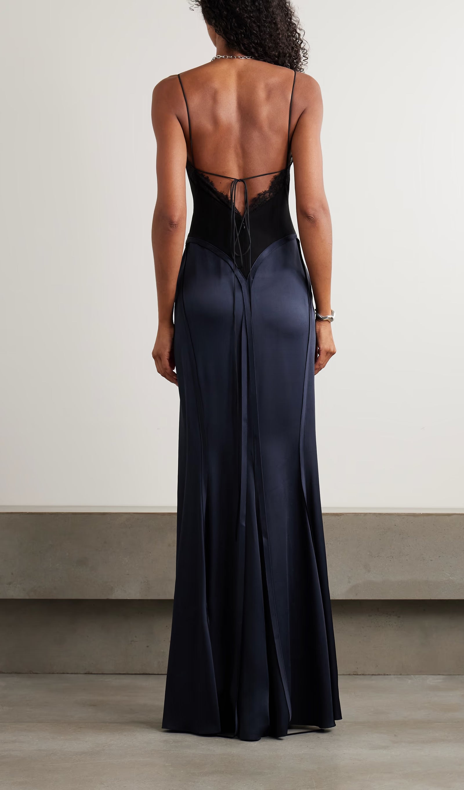 Lace Trimmed Crepe Satin Maxi Dress