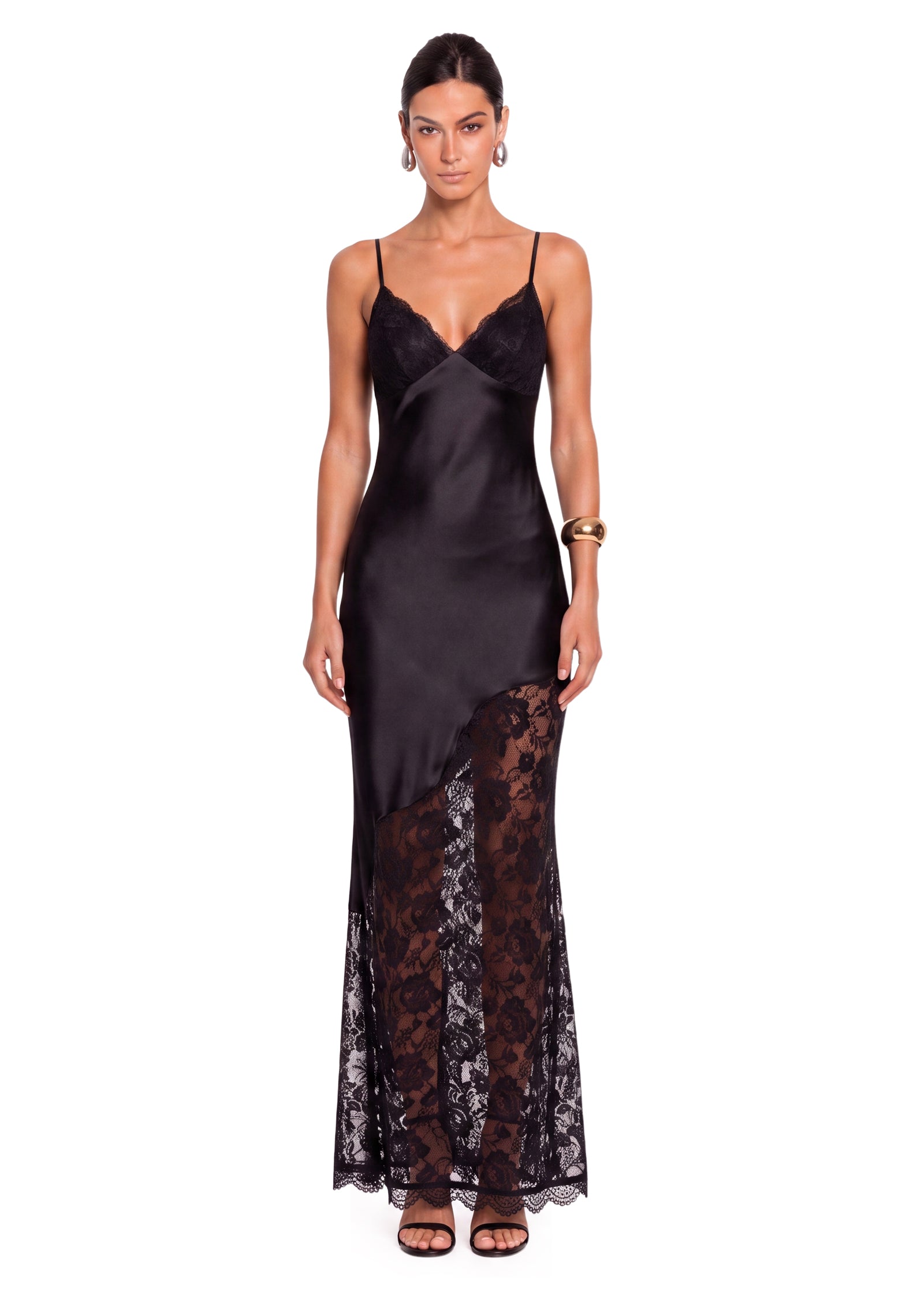 V Neck Satin Maxi Dress With Lace In Black