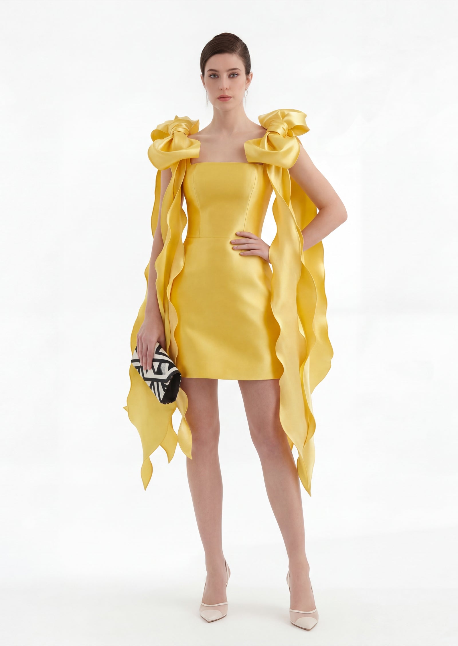 Veronic Satin Bow Mini Dress In Yellow