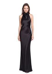 Badar Satin Halter Neck Maxi Dress In Black