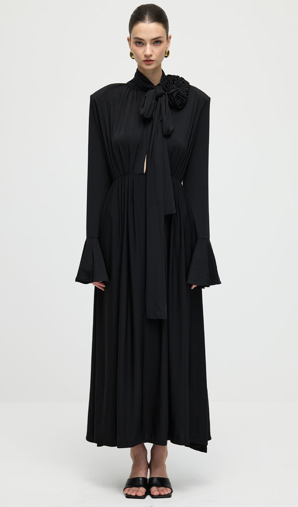 Flower V-Neck Pleated Slit Maxi Dress In Black