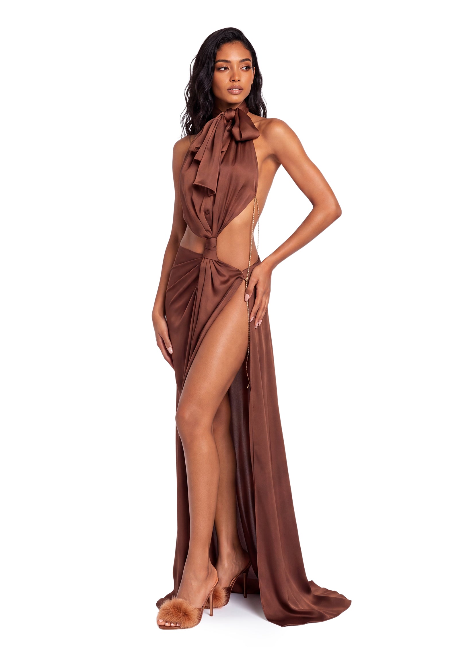 Udell Satin Slit Maxi Dress In Brown