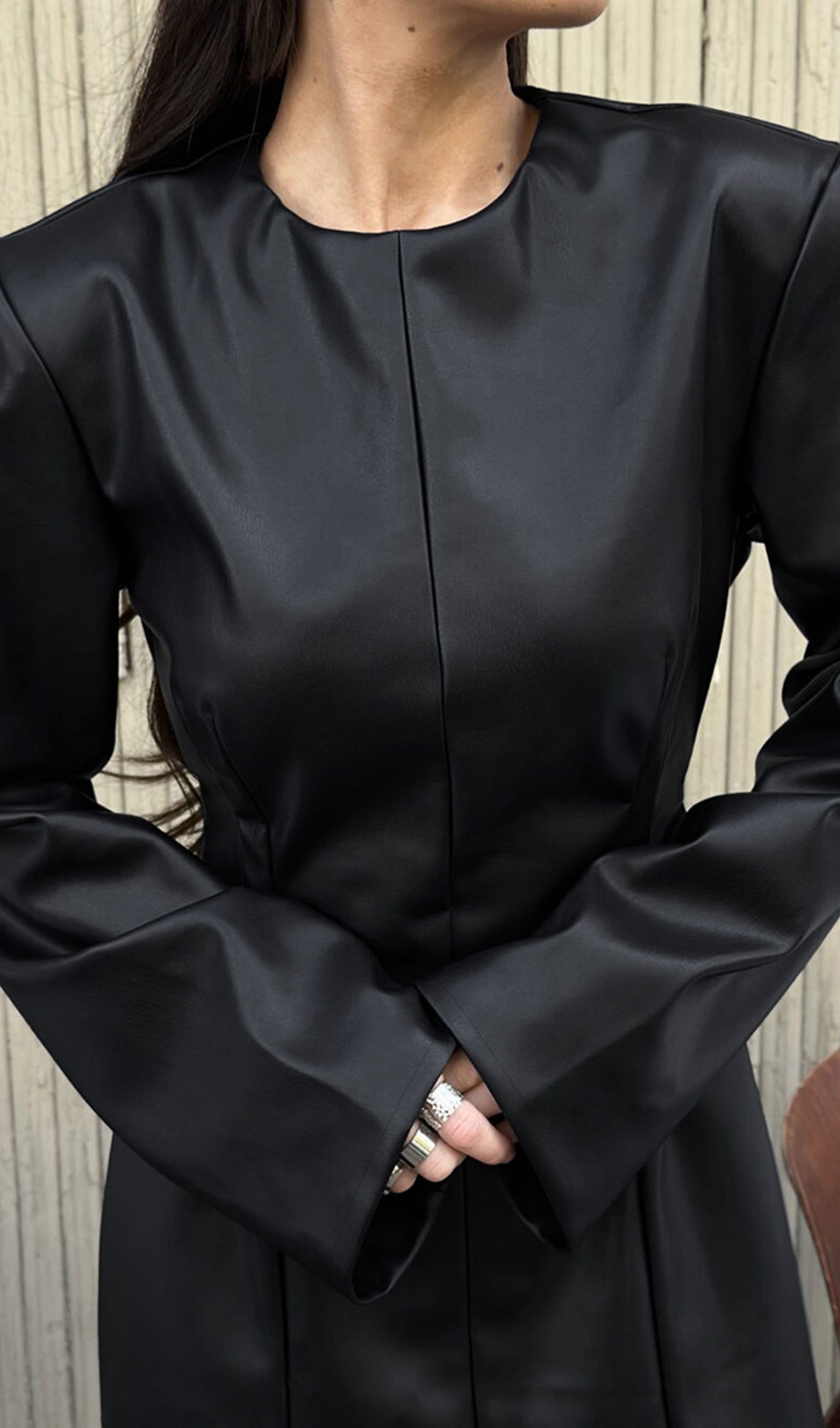 Round Neck Leather Mini Dress In Black