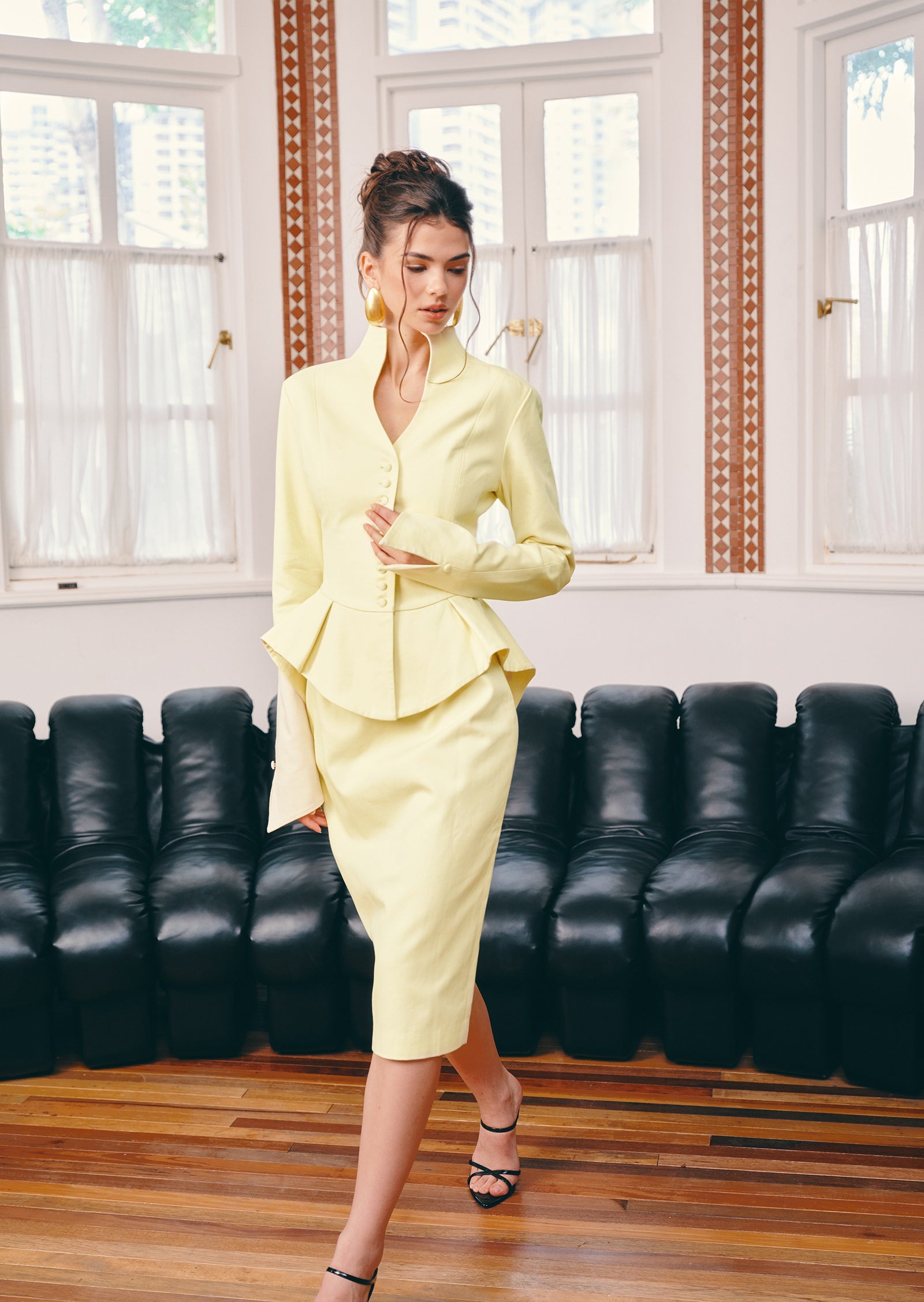 Solid Peplum Jacket & Slit Midi Skirt Set