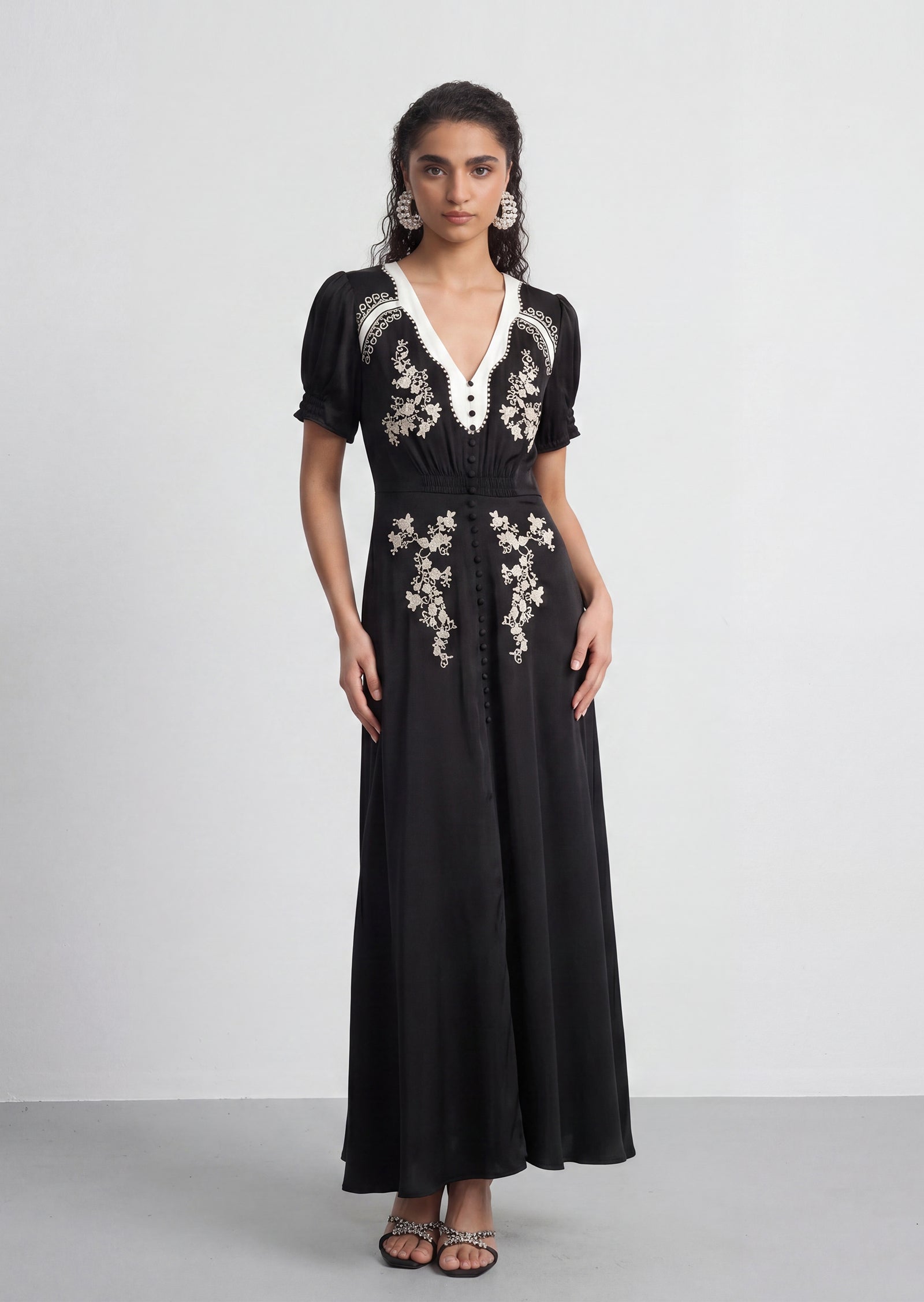 Ayla  Embellished Hammered Maxi Dress In Black