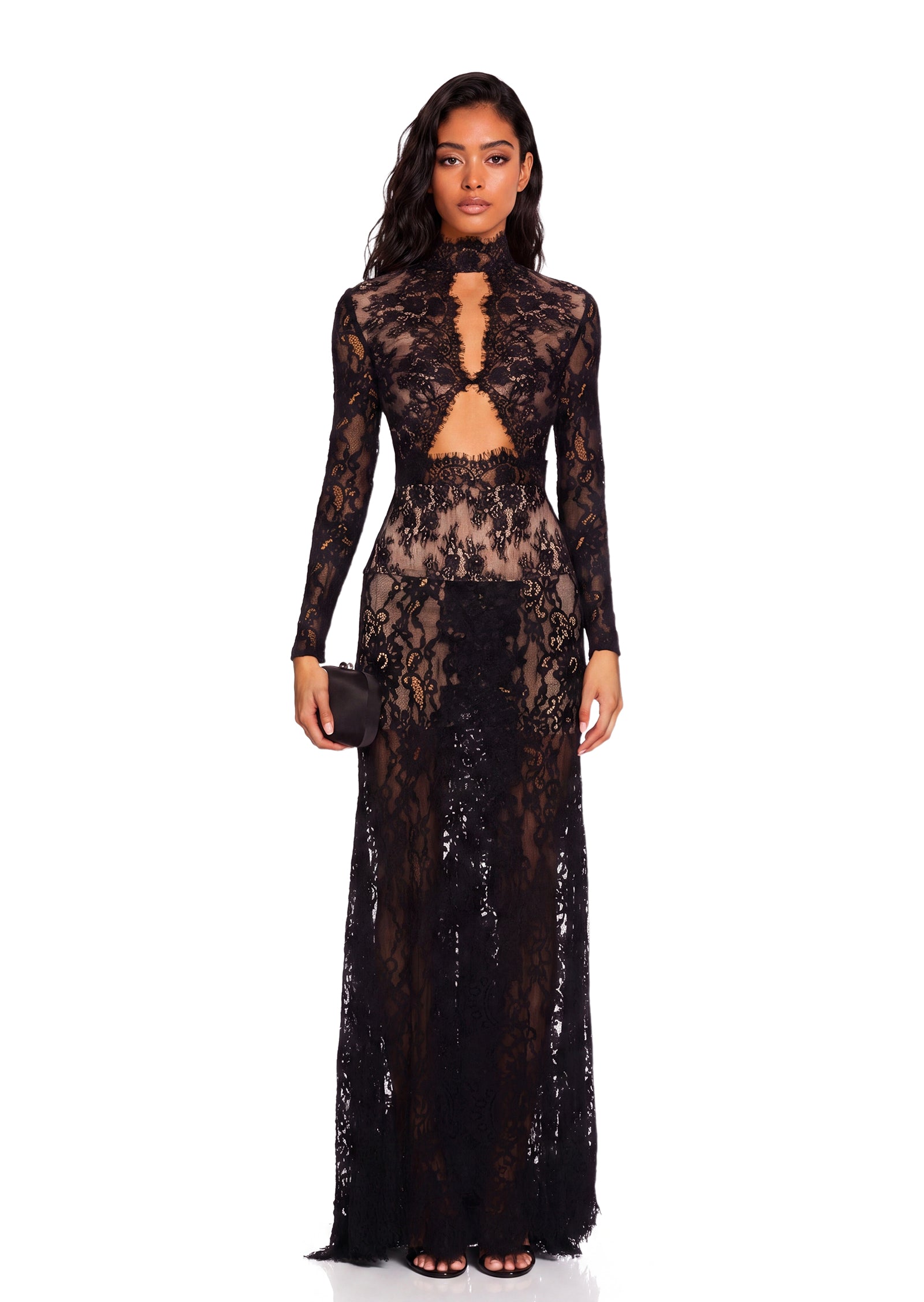 Xerxes Lace Sheer Maxi Dress In Black
