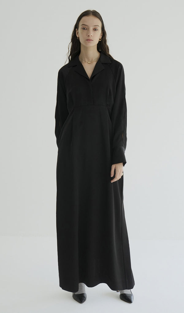 Black Slit Hole Sleeve Satin Maxi Dress