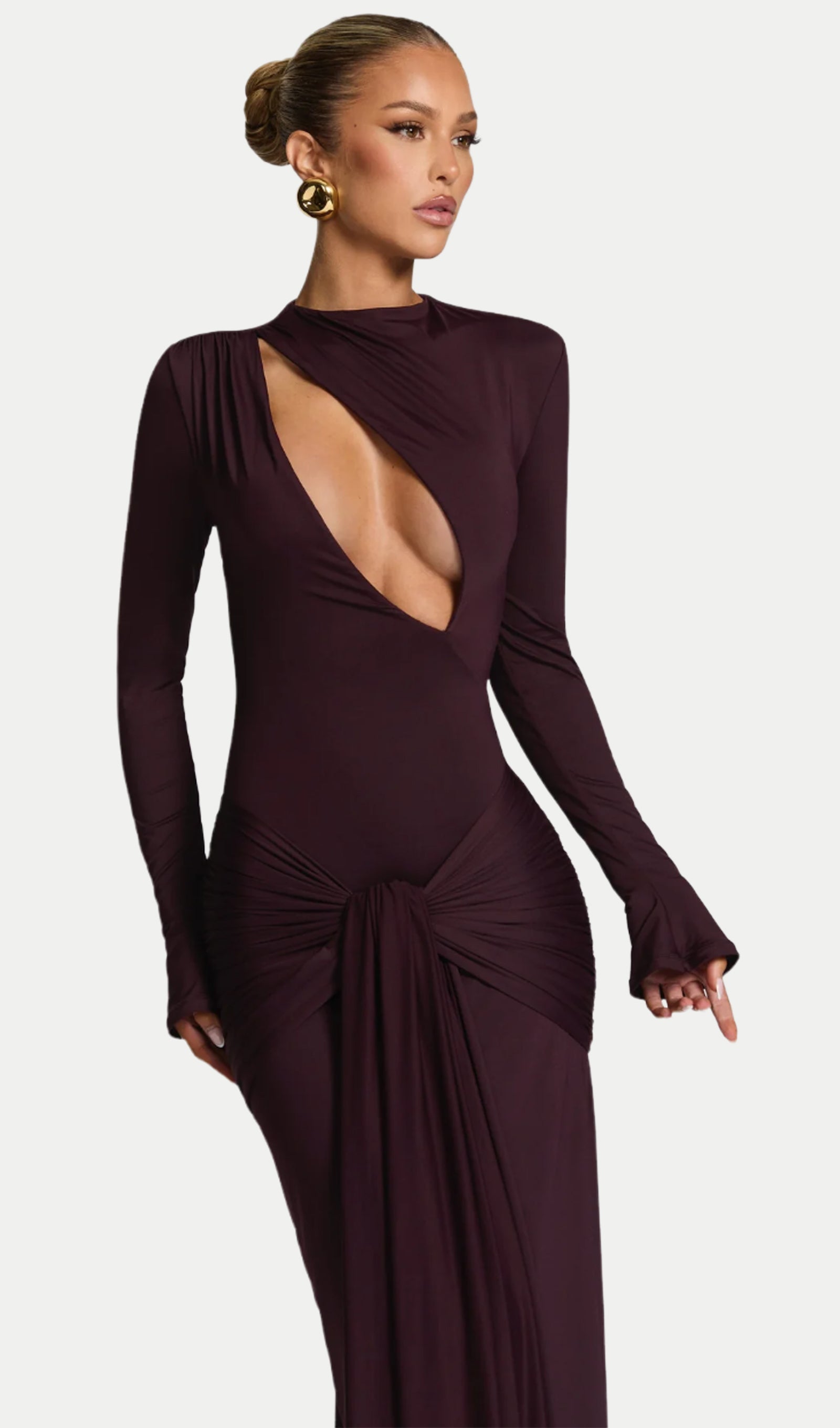 Solid Gathered Tie Cut-Out Maxi Dress