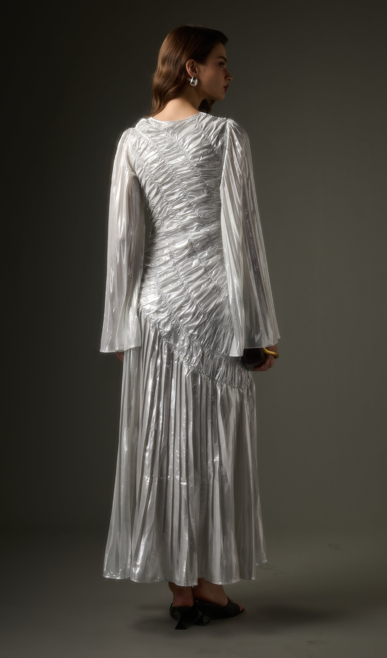 Metallic Long Sleeve Maxi Dress In Silver
