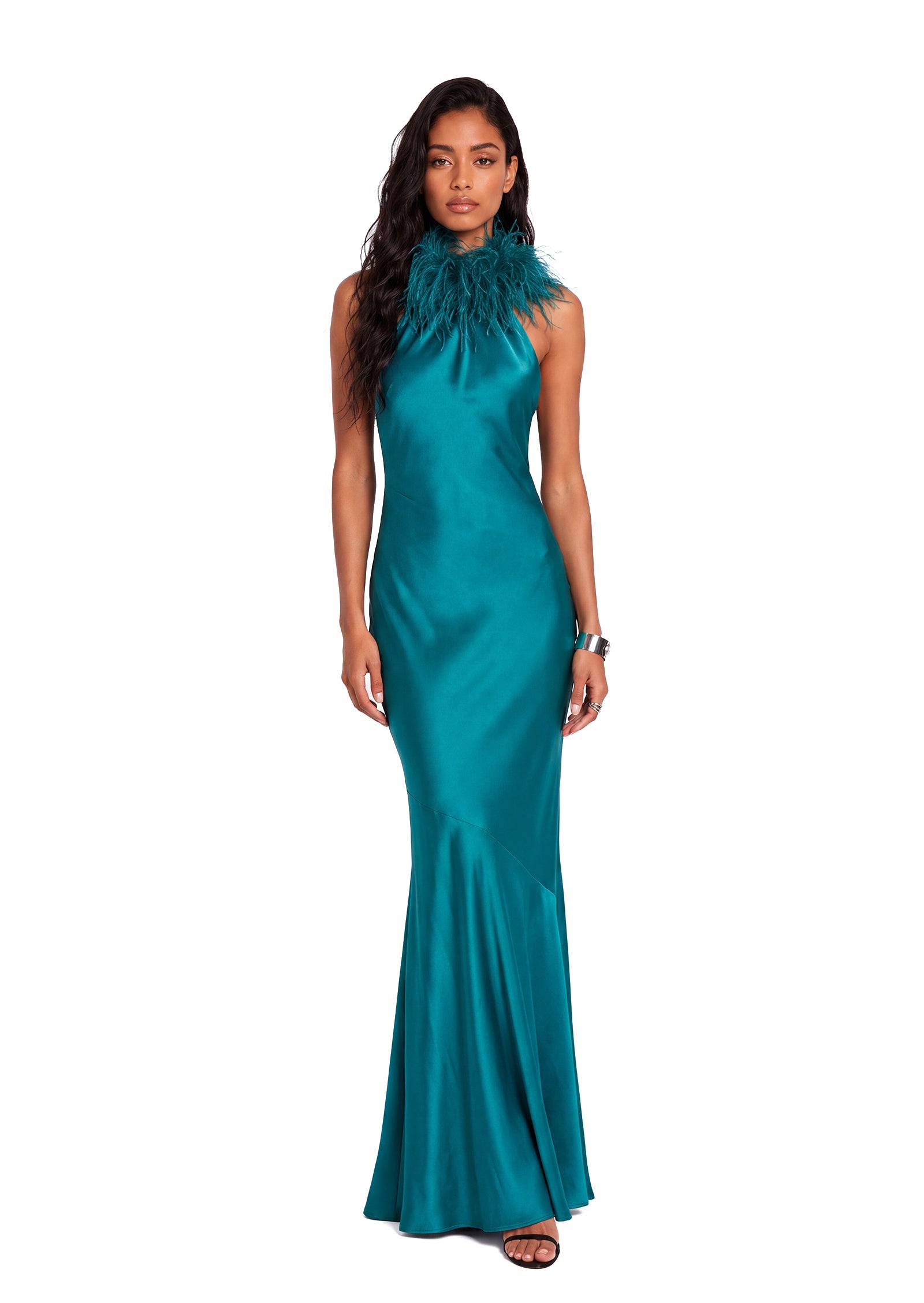 Walden Feather Collar Satin Maxi Dress
