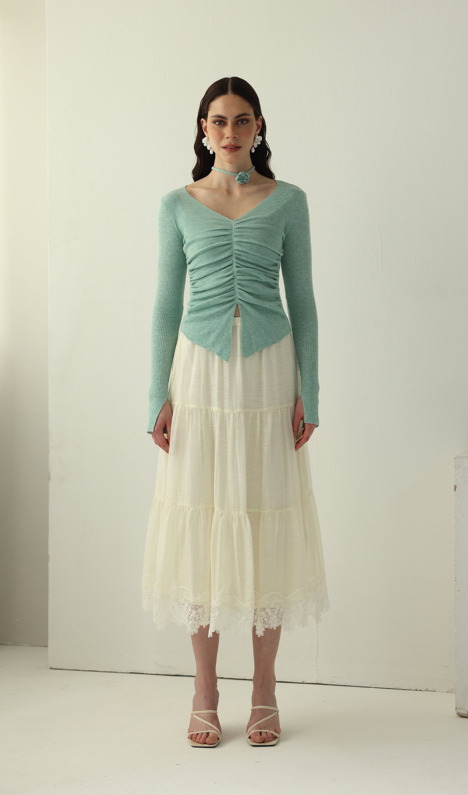 Solid V Neck Ruffled Knit Top