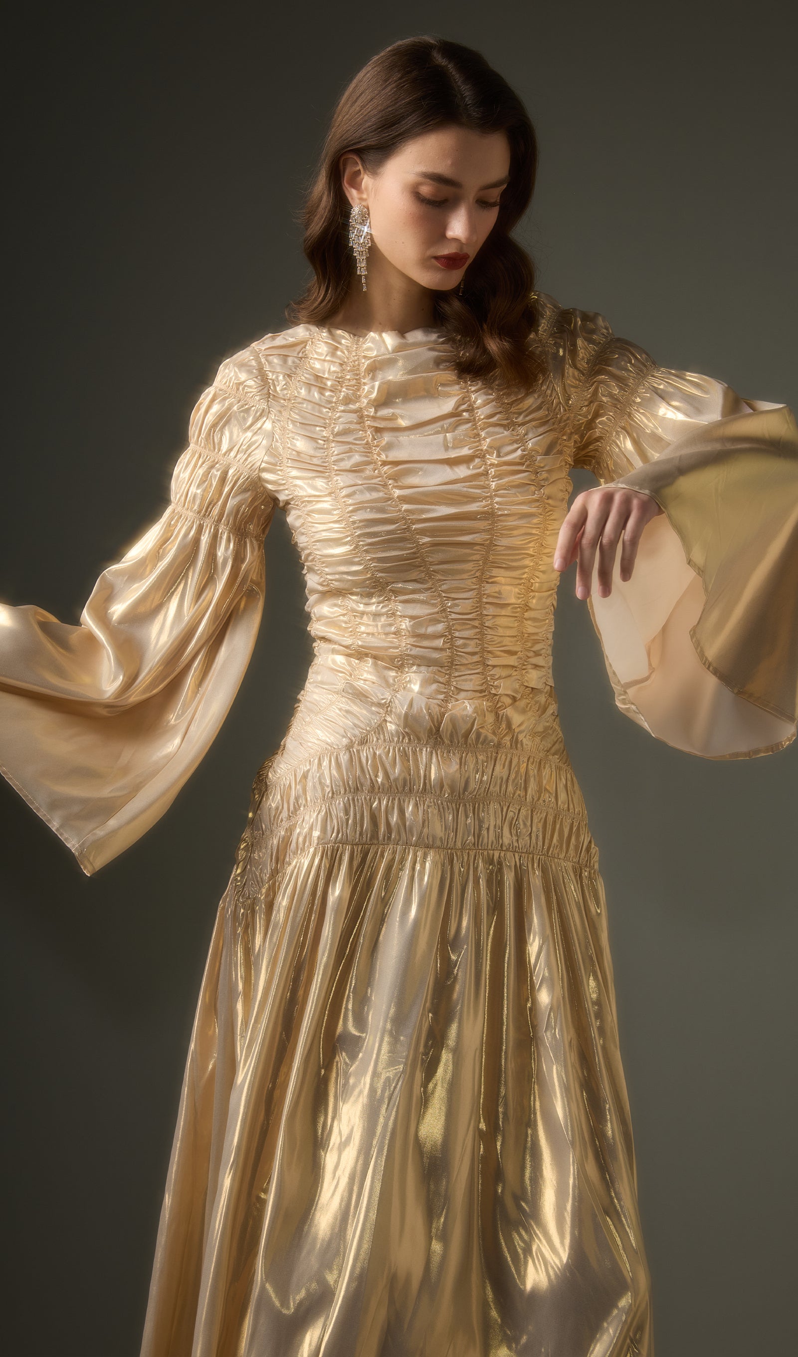 Solid Metallic Elasticated Gathers Maxi Dress