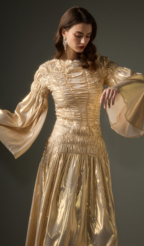 Solid Metallic Elasticated Gathers Maxi Dress