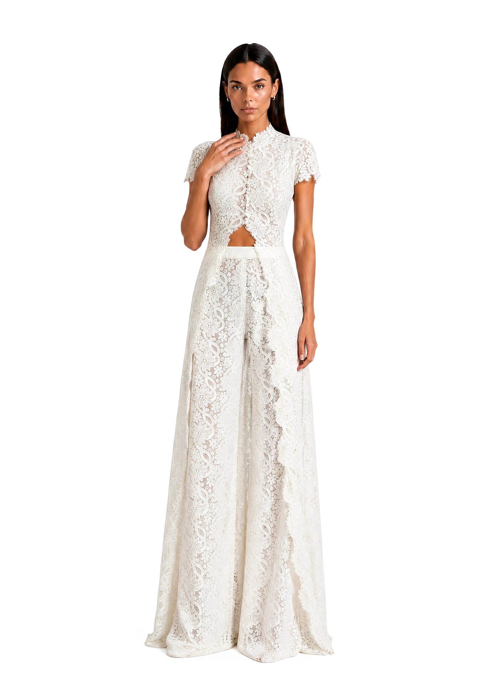 Waiola Long Top & Flared Pants Set In Lace In White