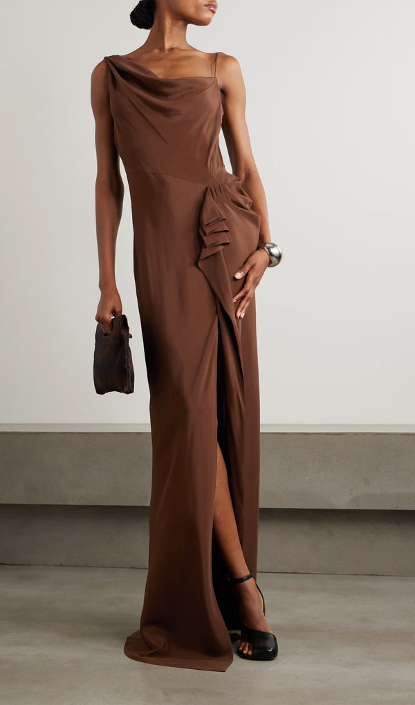 Asymmetric Gathered Draped Maxi Dress-Brown