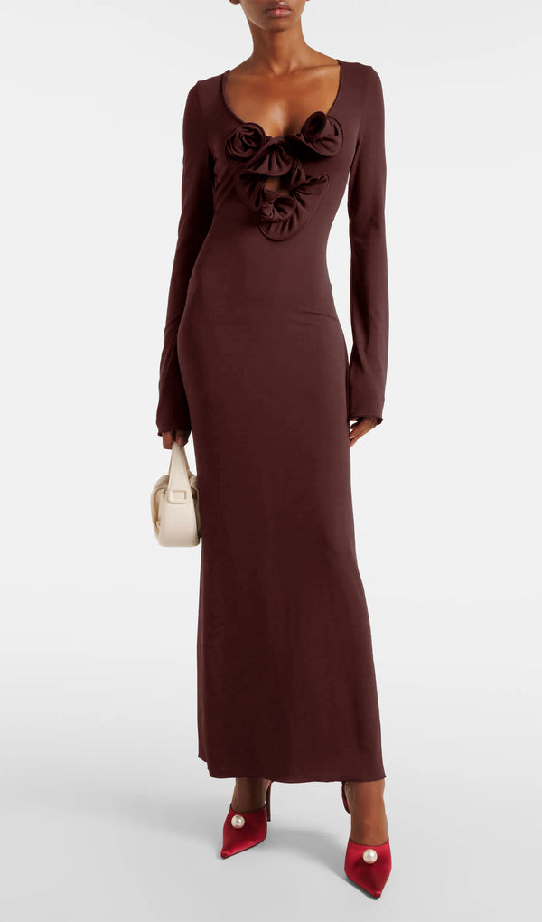 Flower Applied Jersey Maxi Dress Rose Brown