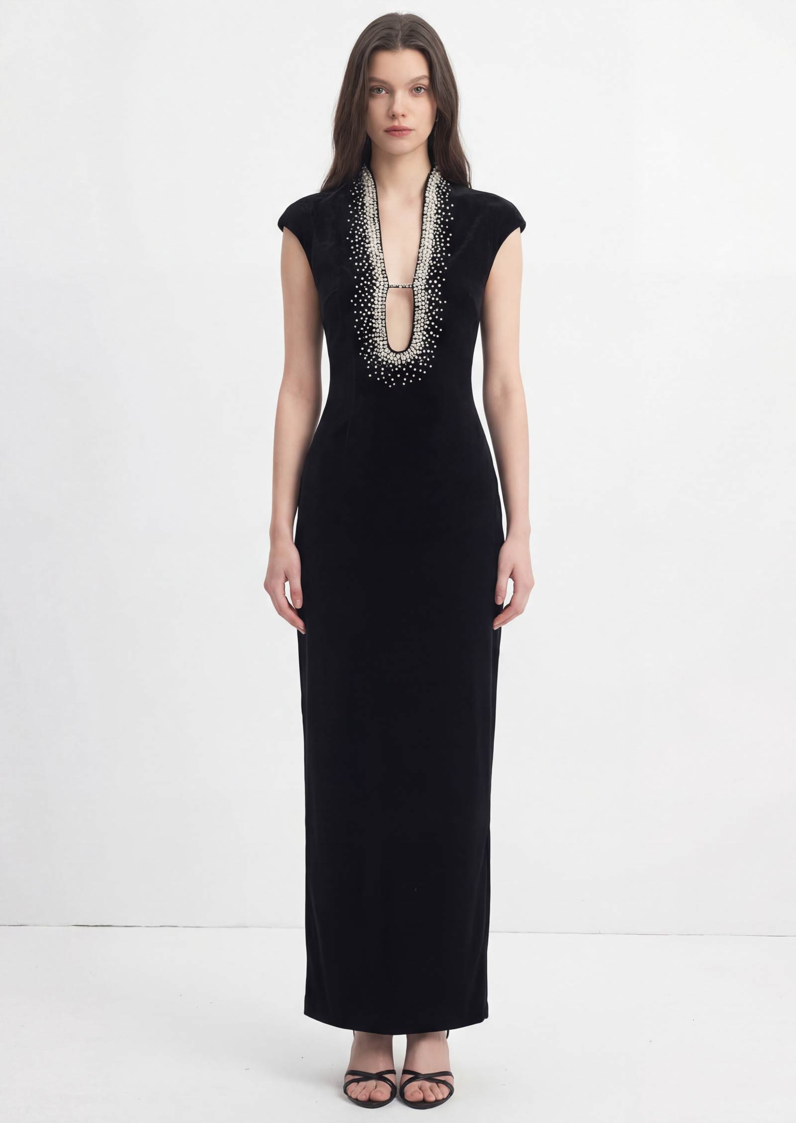 Lenora Deep V Neck With Beaded Trimmed  Gown