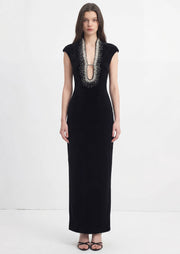 Lenora Deep V Neck With Beaded Trimmed  Gown