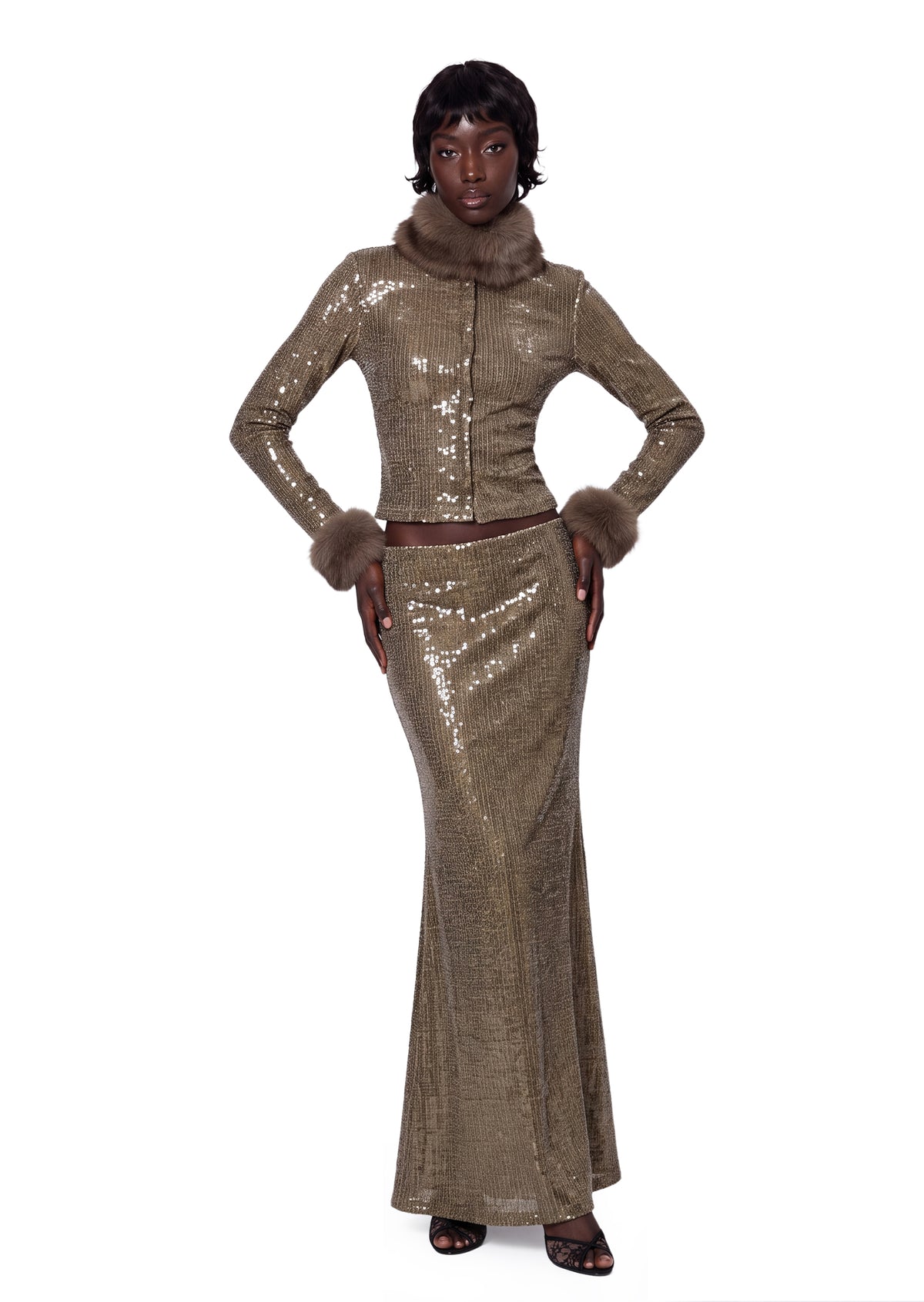 Yapany Feather Sequin Top & Mermaid Skirt Set