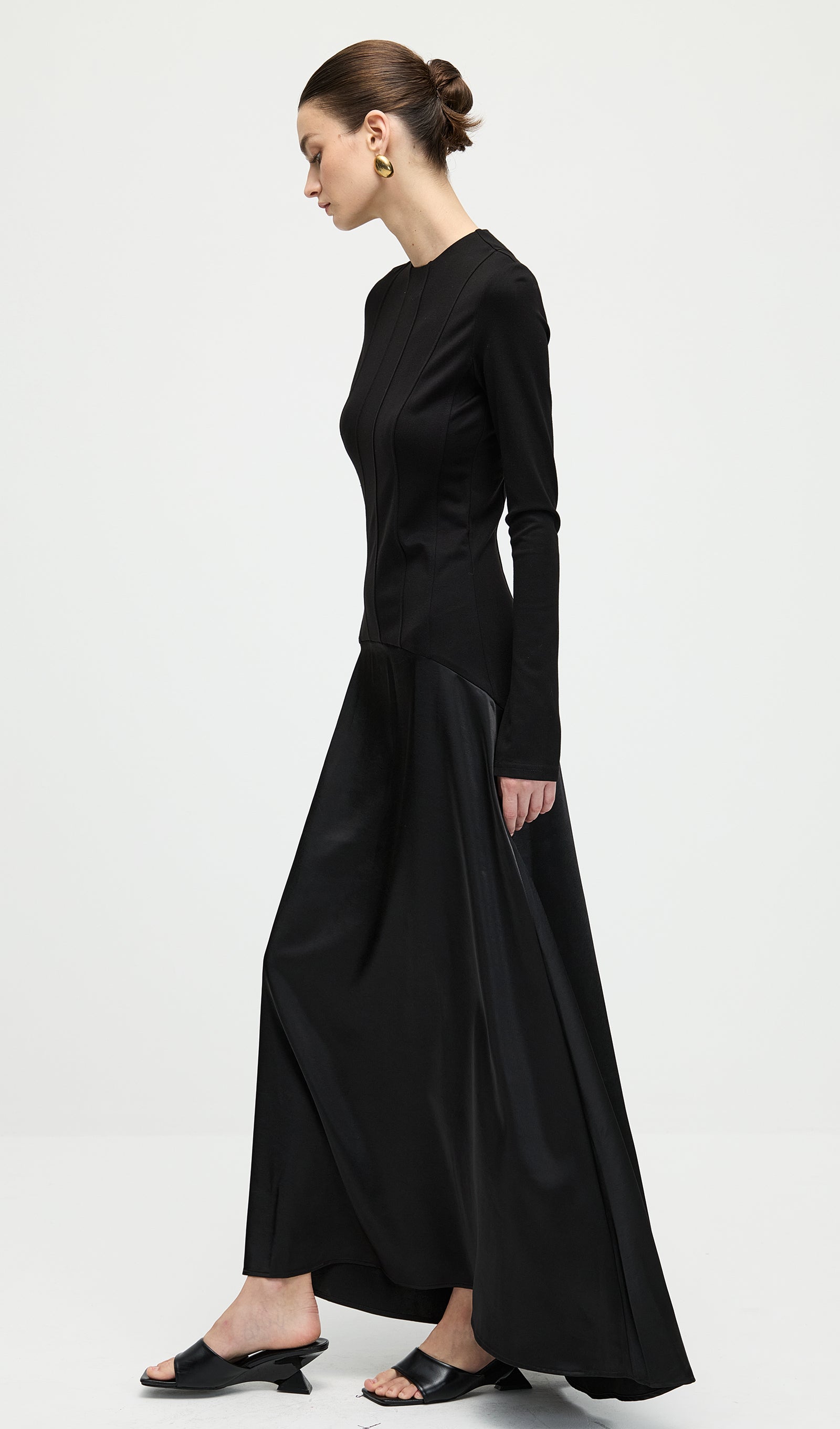Knitted Satin Maxi Dress In Black