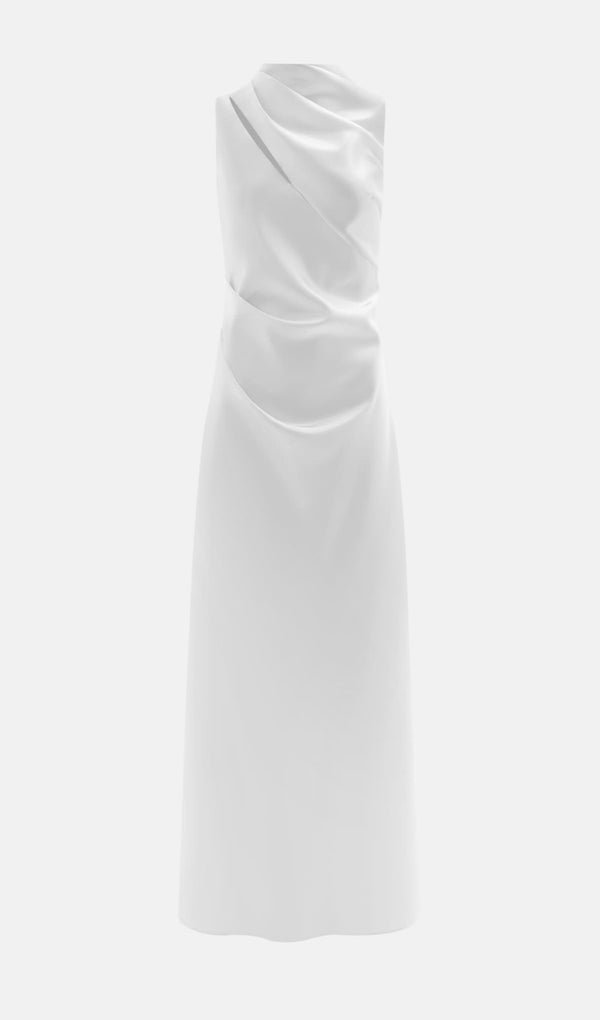 Asymmetrical  Drap Glossy Maxi Dress In White