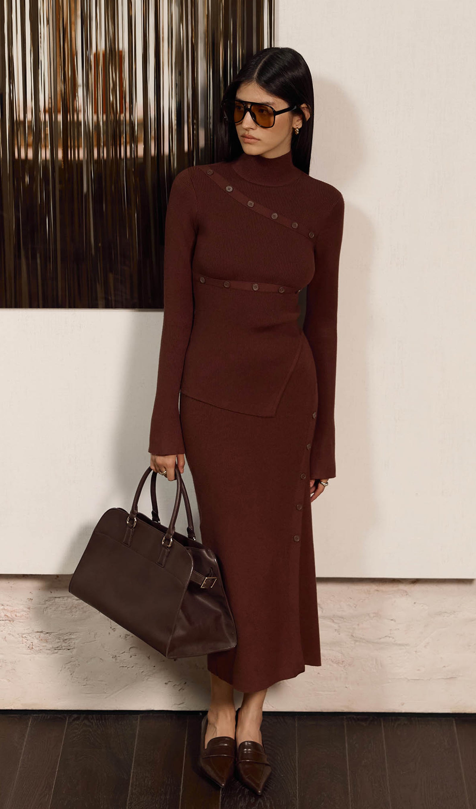 Asymmetrical Top & Maxi Skirt With Side Slit Set Brown